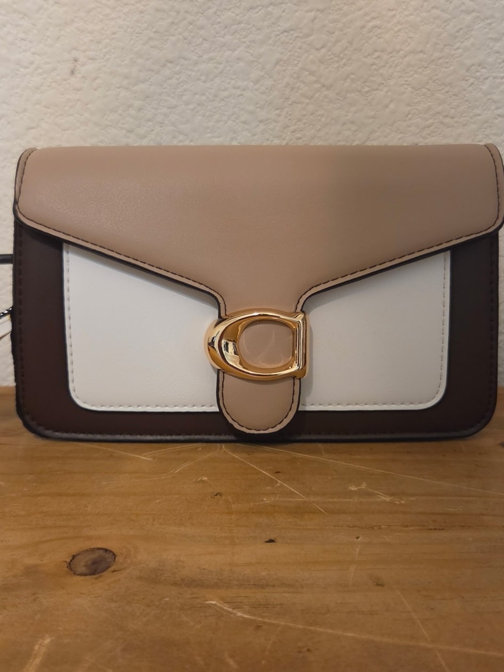 Neutral Colorblock Leather Crossbody Bag with Gold Hardware